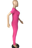 Rosafarbene, sexy, einfarbige, kurzärmlige Jumpsuits mit O-Ausschnitt aus Mischgewebe mit Reißverschluss