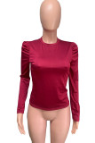 Wine Red O Neck Long Sleeve Solid Draped Tops