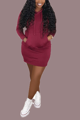 Wine Red Polyester Casual Sleeve V Neck A-Line Knee-Length Solid Dresses
