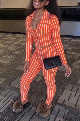 Orange Sexy Print pencil Long Sleeve Two Pieces