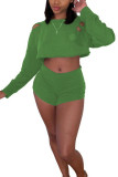 Grass Green Fashion Casual adult Ma'am Solid Hole Two Piece Suits pencil Long Sleeve Two Pieces