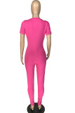 Rosafarbene, sexy, einfarbige, kurzärmlige Jumpsuits mit O-Ausschnitt aus Mischgewebe mit Reißverschluss