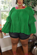 Green Polyester Casual O Neck Solid Draped Plus Size 