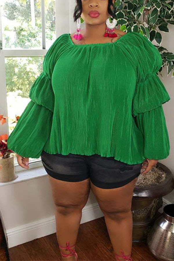 Green Casual O Neck Solid Draped Plus Size