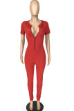 Red Sexy Solid zipper Blend Short Sleeve O Neck Jumpsuits