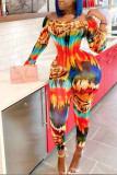 colour Sexy Print Long Sleeve one word collar Jumpsuits