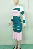 Зеленая модная повседневная юбка на бедро с длинным рукавом из Европы и Америки в стиле пэчворк с принтом из двух частей