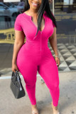 Pink Sexy Solid zipper Blend Short Sleeve O Neck Jumpsuits