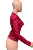 Wine Red O Neck Long Sleeve Solid Draped Tops
