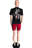 Black Casual Letter Print Solid Straight Short Sleeve Two Pieces