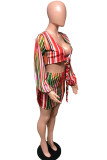 colour Casual Striped Print Bandage Long Sleeve Two Pieces