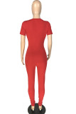 Roter, sexy, einfarbiger, kurzärmliger Overall mit O-Ausschnitt und Reißverschluss
