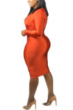 Orange sexig långärmad V-hals Step Kjol Knälånga solida klänningar