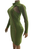 Grama verde moda casual adulto senhora boné manga mangas compridas o pescoço vestido lápis na altura do joelho sólido oco vestidos