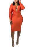 Orange, sexy, lange Ärmel, V-Ausschnitt, Stufenrock, knielange, feste Kleider
