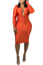 Orange, sexy, lange Ärmel, V-Ausschnitt, Stufenrock, knielange, feste Kleider