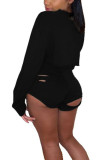 Black Fashion Casual adult Ma'am Solid Hole Two Piece Suits pencil Long Sleeve Two Pieces