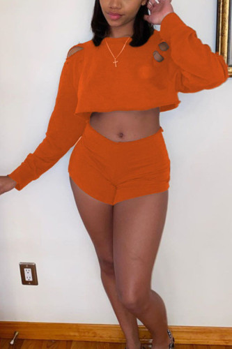 Orange Fashion Casual adult Ma'am Solid Hole Two Piece Suits pencil Long Sleeve Two Pieces