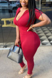 Red Sexy Solid zipper Blend Short Sleeve O Neck Jumpsuits