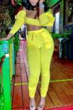 Желтый спандекс модный сексуальный взрослый мэм лоскутное однотонный костюм из двух предметов карандаш с длинным рукавом из двух предметов