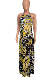 Gold Sexy England Sleeveless Halter Neck Swagger Floor-Length Print bandage hollow out Dresses