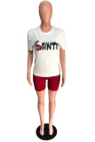White Casual Letter Print Solid Straight Short Sleeve Two Pieces