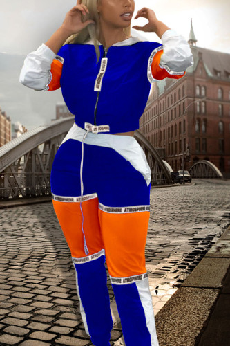 Синий модный активный взрослый костюм в стиле пэчворк контрастного цвета из двух предметов, костюм-карандаш с длинными рукавами из двух предметов
