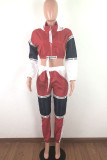 Red and black Fashion Active adult Ma'am Patchwork contrast color Two Piece Suits pencil Long Sleeve Two Pieces