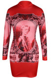 Röd Sexig Europa och Amerika Långärmad O-hals Step Kjol Mini Print Patchwork Klänningar
