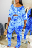 Azul Moda Sexy adulto Patchwork Impressão Tie Dye Drapeado Ternos de Duas Peças Bota Corte Três Quartos Duas Peças