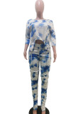 Dark Blue Fashion Sexy adult Patchwork Print Tie Dye Draped Two Piece Suits Boot Cut Three Quarter Two Pieces