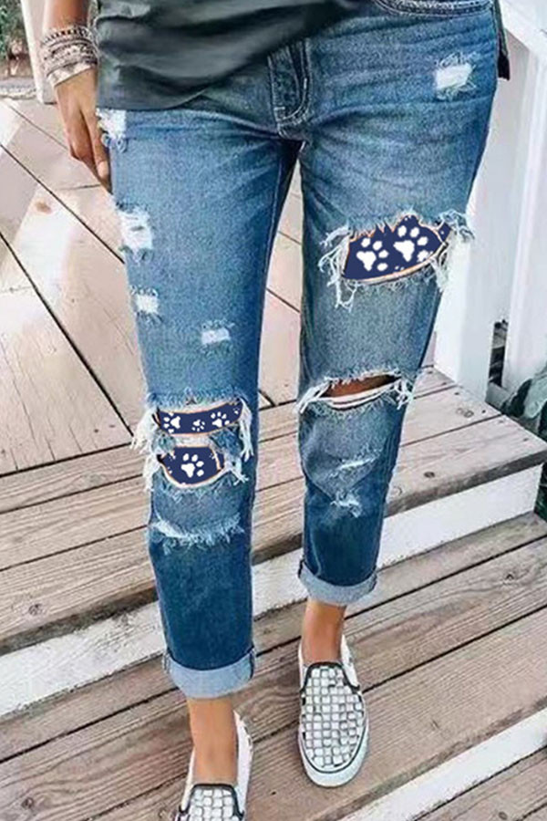 Blue Broken Holes Distressed Patchwork Denim Jeans