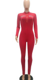 Red Fashion Casual Solid Long Sleeve Turndown Collar Jumpsuits