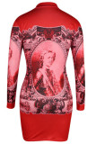 Röd Sexig Europa och Amerika Långärmad O-hals Step Kjol Mini Print Patchwork Klänningar