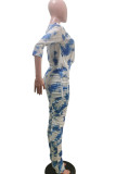 Trajes de dos piezas drapeados con teñido anudado y estampado de telas combinadas para adultos, moda azul, corte de bota, tres cuartos, dos piezas