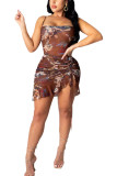 Brown Sexy Europe and America Spaghetti Strap Sleeveless Slip Asymmetrical skirt Print Patchwork Dresses