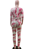 Red Fashion Sexy adult Patchwork Print Tie Dye Draped Two Piece Suits Boot Cut Three Quarter Two Pieces