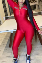 Rode mode casual effen jumpsuits met lange mouwen en kraag