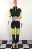 Black yellow Fashion Active adult Ma'am Patchwork contrast color Two Piece Suits pencil Long Sleeve Two Pieces