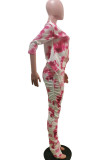 rose red Fashion Sexy adult Patchwork Print Tie Dye Draped Two Piece Suits Boot Cut Three Quarter Two Pieces