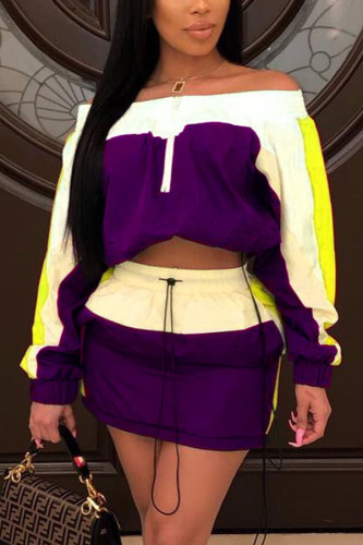 purple Fashion adult Ma'am Street Geometric Patchwork Two Piece Suits A-line skirt Long Sleeve Two Pieces