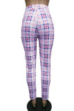 Pantaloni dritti con stampa scozzese alta elastica multicolore