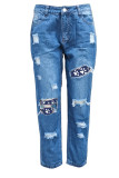 Jeans Patchwork de Buracos Quebrados Azul