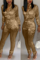 Gold Fashion Street Solid jumpsuits met lange mouwen en O-hals