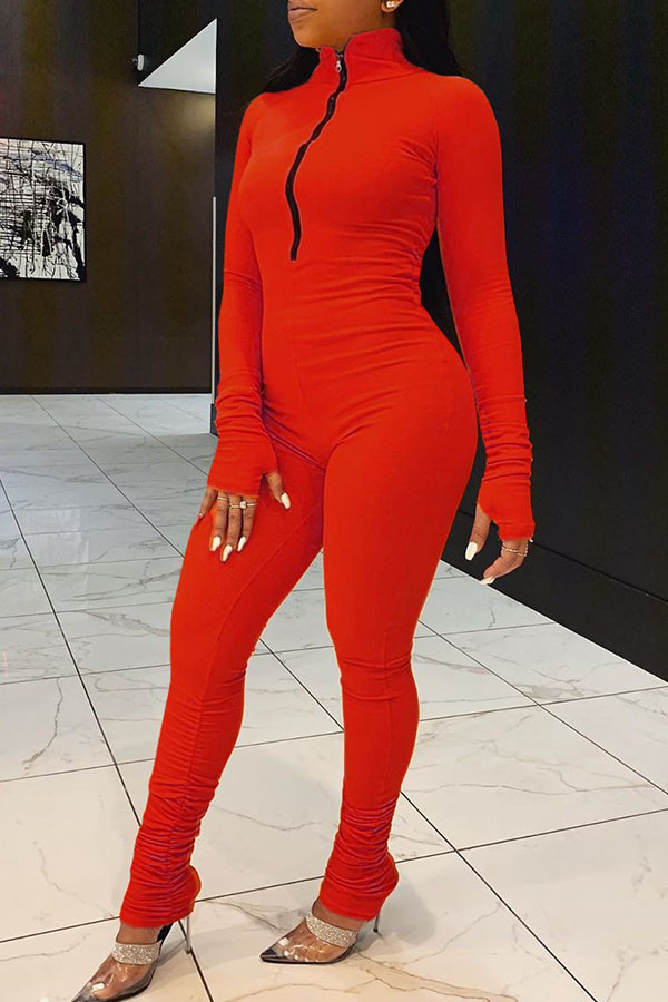 Roter, modischer, sexy, einfarbiger Jumpsuit mit langen Ärmeln und O-Ausschnitt