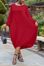 赤いOLランタンスリーブ長袖Oネックステップスカートミッドカーフソリッドドレス