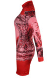 Rood Sexy Europa en Amerika Lange mouwen O-hals Staprok Miniprint Patchwork-jurken
