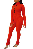 Rode mode sexy effen jumpsuit met lange mouwen en O-hals