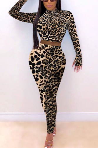 Leopard print Europe and America Leopard Print pencil Long Sleeve Two Pieces