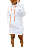 Branco moda adulto senhora rua boné manga mangas compridas com capuz saia passo vestidos sólidos